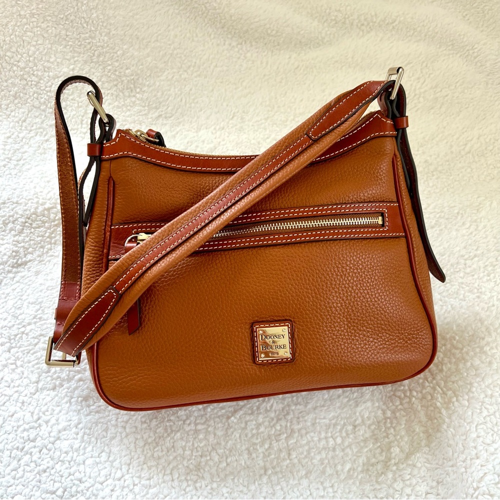 Dooney & Bourke Pebble Grain Piper Bag in Caramel with Red and Gold Accents
